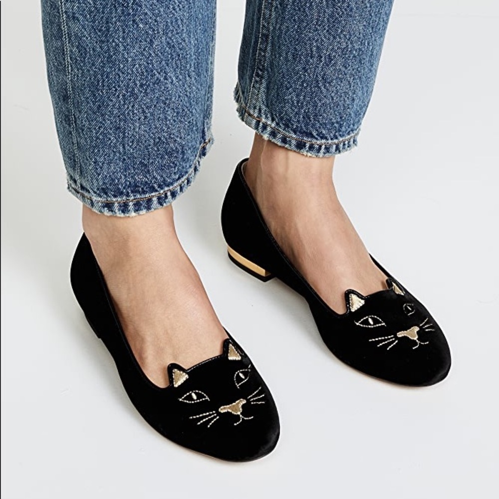 Charlotte Olympia Black Velvet Kitty Flat, 41